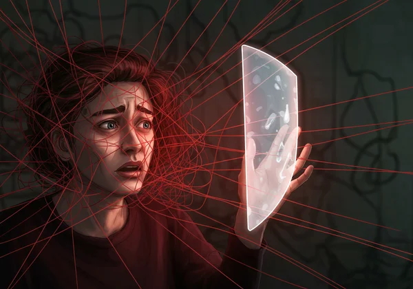 Person confused by tangled strings, new clear boundary emerging.