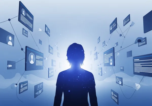 Abstract person navigating complex online self-assessments