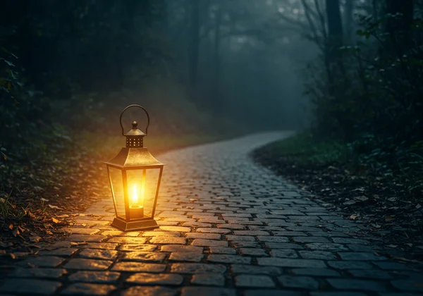Warm lantern lighting the path